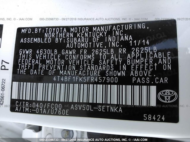 4T4BF1FK5FR457900 - 2015 TOYOTA CAMRY LE/XLE/SE/XSE 白色 照片 9