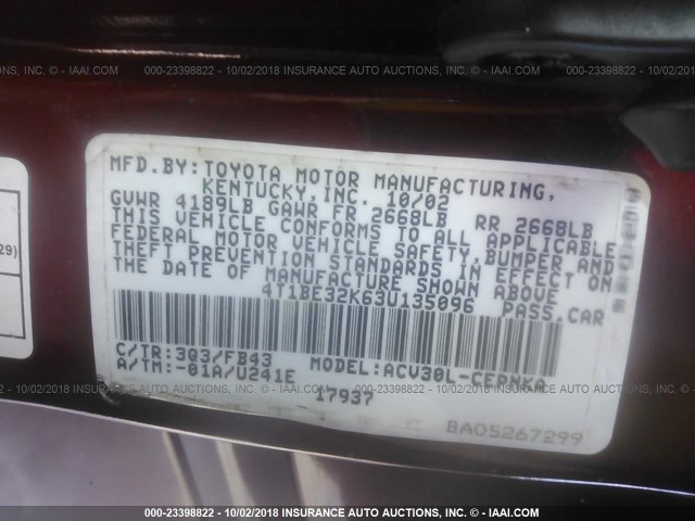 4T1BE32K63U135096 - 2003 TOYOTA CAMRY LE/XLE/SE Марун фото 9