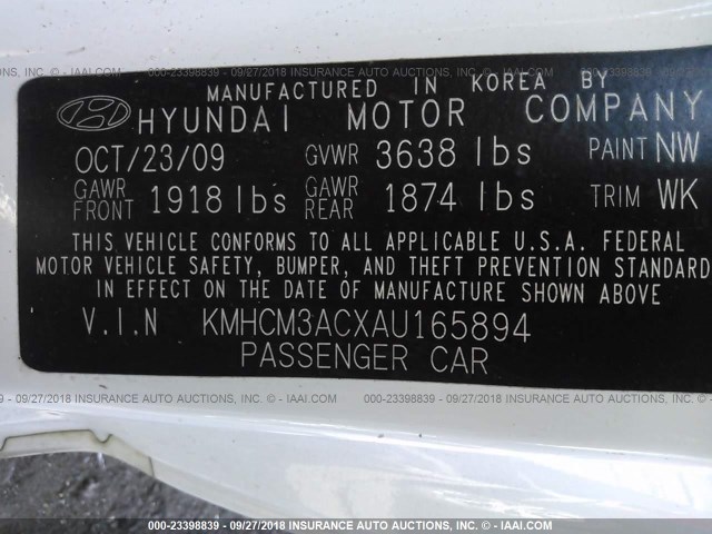 KMHCM3ACXAU165894 - 2010 HYUNDAI Accent BLUE/GS WHITE photo 9