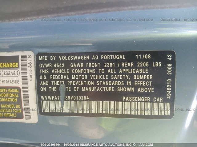 WVWFA71F89V019284 - 2009 VOLKSWAGEN EOS LUX 浅蓝色 照片 9