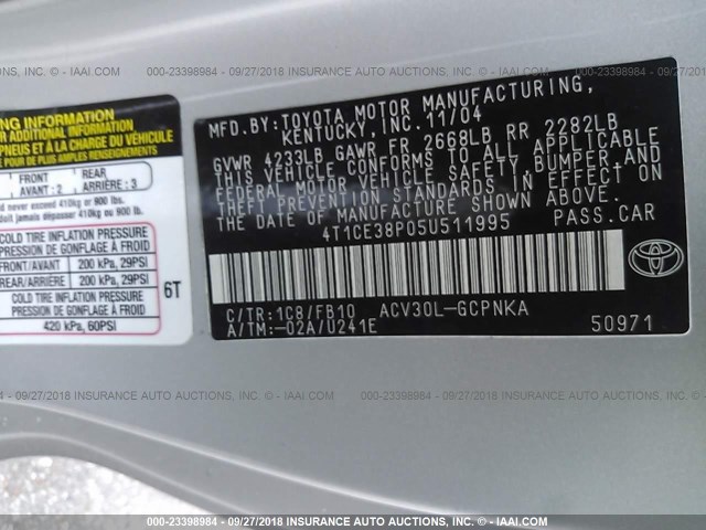 4T1CE38P05U511995 - 2005 TOYOTA CAMRY SOLARA SE/SLE Gümüş foto 9