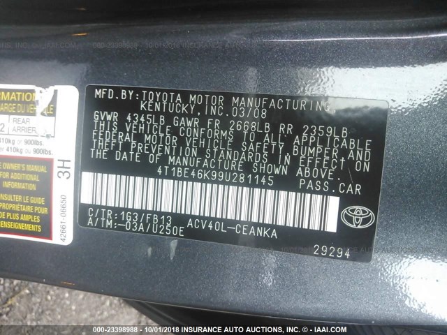 4T1BE46K99U281145 - 2009 TOYOTA CAMRY SE/LE/XLE GRAY photo 9