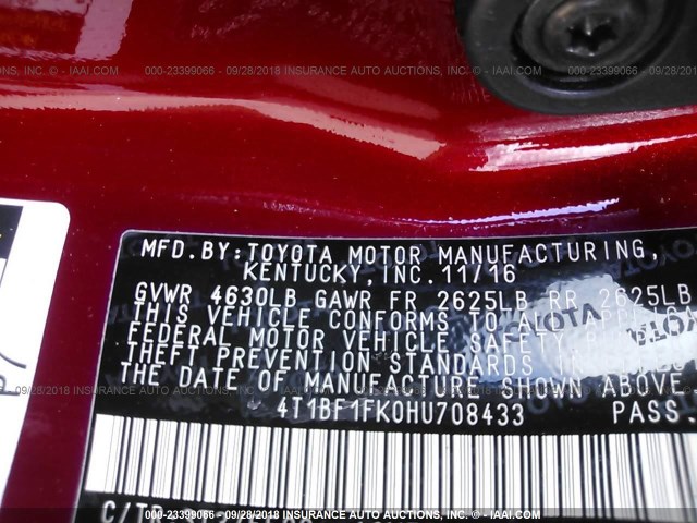4T1BF1FK0HU708433 - 2017 TOYOTA CAMRY LE/XLE/SE/XSE MAROON photo 9