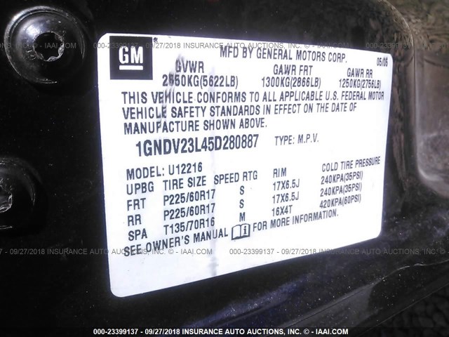 1GNDV23L45D280887 - 2005 CHEVROLET UPLANDER LS BLUE photo 9