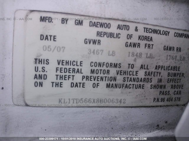 KL1TD566X8B006342 - 2008 CHEVROLET AVEO LS WHITE photo 9