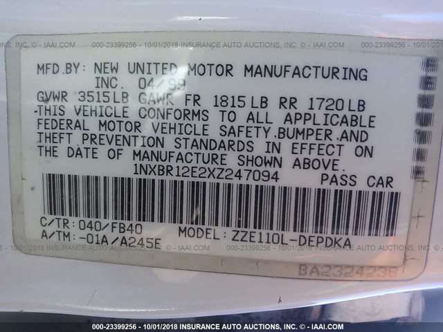 1NXBR12E2XZ247094 - 1999 TOYOTA COROLLA VE/CE/LE 白色 照片 9