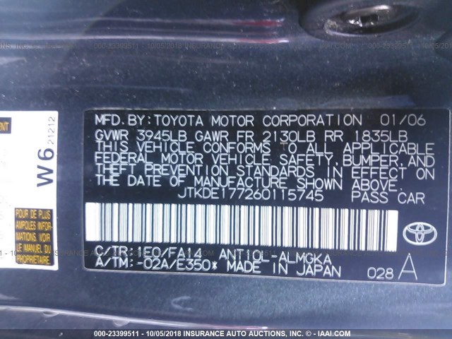JTKDE177260115745 - 2006 TOYOTA SCION TC 灰色 照片 9