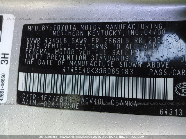 4T4BE46K39R065183 - 2009 TOYOTA CAMRY SE/LE/XLE 银色 照片 9