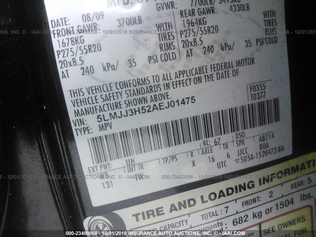 5LMJJ3H52AEJ01475 - 2010 LINCOLN NAVIGATOR L 黑色 照片 9