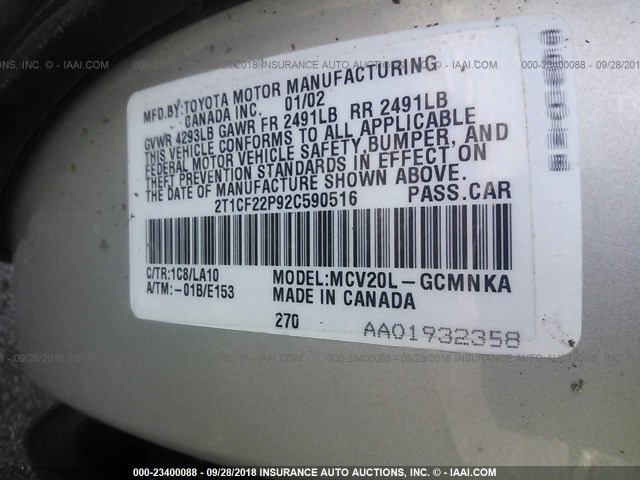 2T1CF22P92C590516 - 2002 TOYOTA CAMRY SOLARA SE/SLE ვერცხლისფერი ფოტო 9