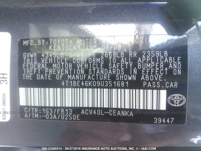 4T1BE46K09U351681 - 2009 TOYOTA CAMRY SE/LE/XLE 灰色 照片 9