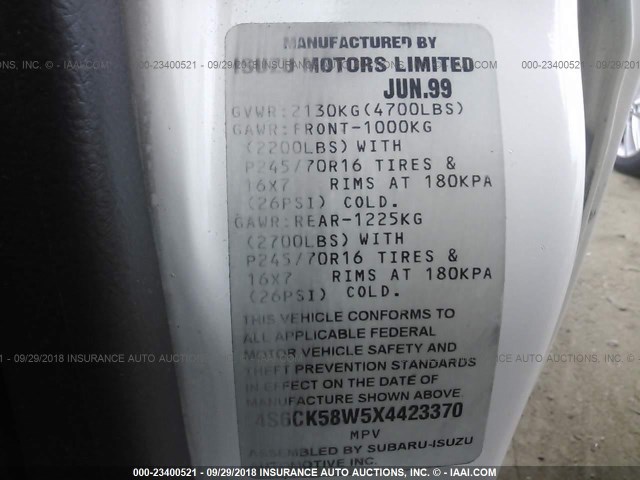 4S6CK58W5X4423370 - 1999 HONDA PASSPORT EX/LX 白色 照片 9