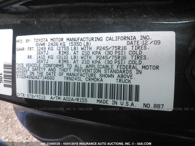 5TEUX4EN2AZ714660 - 2010 TOYOTA TACOMA ACCESS CAB GREEN photo 9