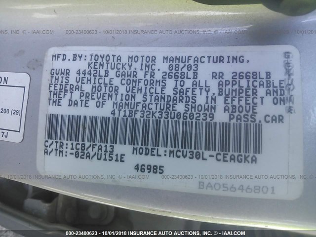 4T1BF32K33U060239 - 2003 TOYOTA CAMRY LE/XLE/SE SILVER photo 8