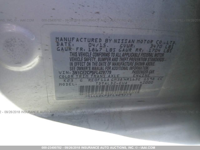 3N1CE2CP5FL429779 - 2015 NISSAN VERSA NOTE S/S PLUS/SV/SL/SR SILVER photo 9