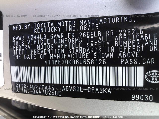 4T1BE30K86U658126 - 2006 TOYOTA CAMRY LE/XLE/SE 棕色 照片 9