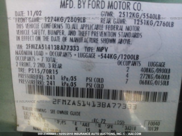 2FMZA51413BA77333 - 2003 FORD WINDSTAR LX GREEN photo 9