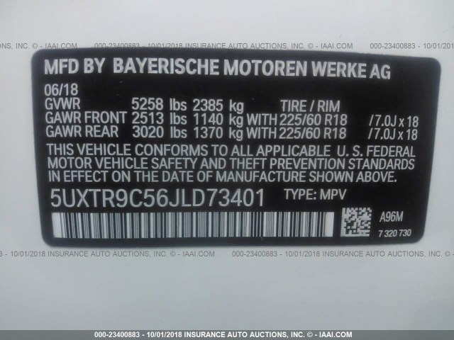 5UXTR9C56JLD73401 - 2018 BMW X3 XDRIVEM40I WHITE photo 9