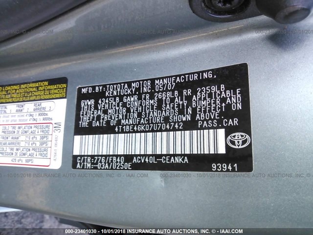 4T1BE46K07U704742 - 2007 TOYOTA CAMRY NEW GENERAT CE/LE/XLE/SE GREEN photo 9