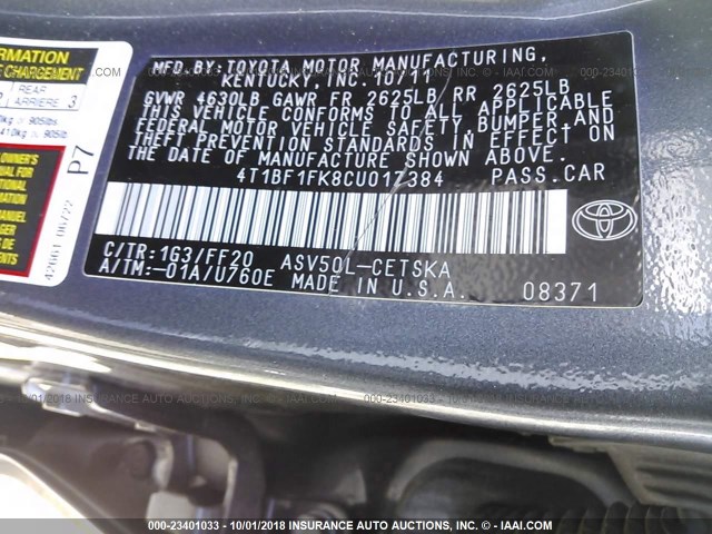 4T1BF1FK8CU017384 - 2012 TOYOTA CAMRY SE/LE/XLE 灰色 照片 9