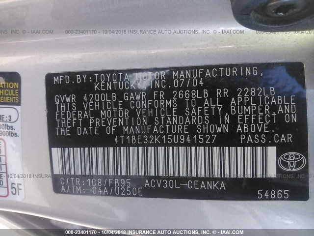 4T1BE32K15U941527 - 2005 TOYOTA CAMRY LE/XLE/SE Күміс фото 9