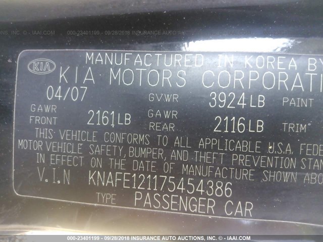 KNAFE121175454386 - 2007 KIA SPECTRA EX/LX BLACK photo 9