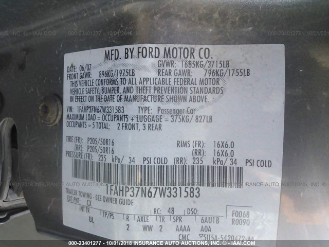 1FAHP37N67W331583 - 2007 FORD FOCUS ZX5/S/SE/SES 灰色 照片 9