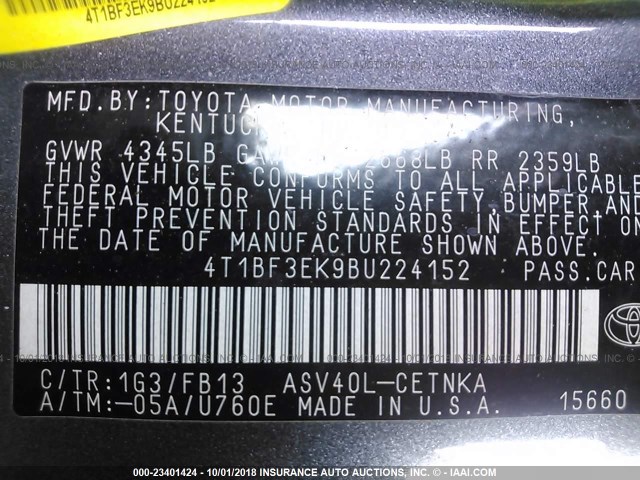 4T1BF3EK9BU224152 - 2011 TOYOTA CAMRY SE/LE/XLE GRAY photo 9