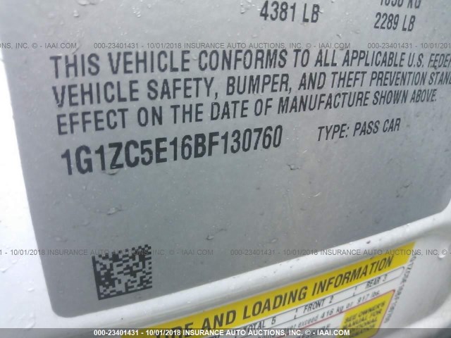 1G1ZC5E16BF130760 - 2011 CHEVROLET MALIBU 1LT 白色 照片 9