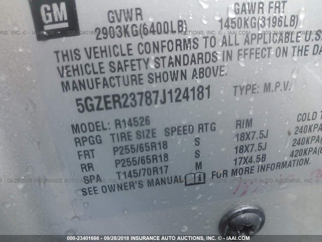 5GZER23787J124181 - 2007 SATURN OUTLOOK XR ვერცხლისფერი ფოტო 9