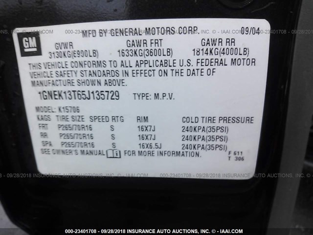 1GNEK13T65J135729 - 2005 CHEVROLET TAHOE K1500 BLACK photo 9