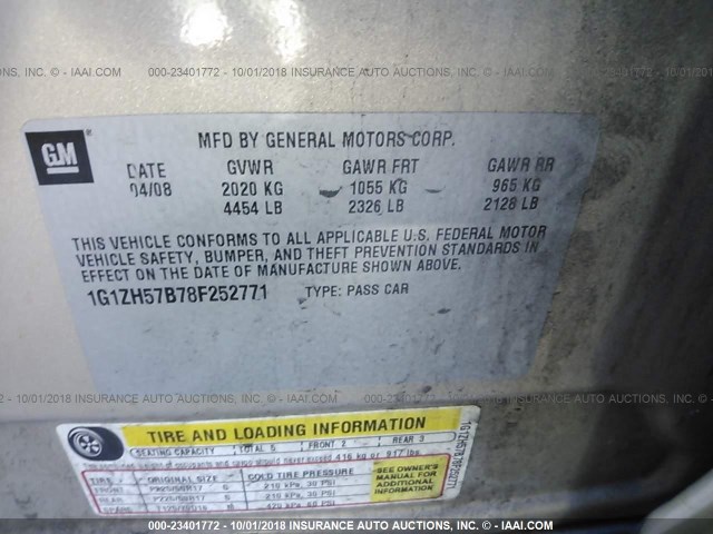 1G1ZH57B78F252771 - 2008 CHEVROLET MALIBU 1LT GOLD photo 9