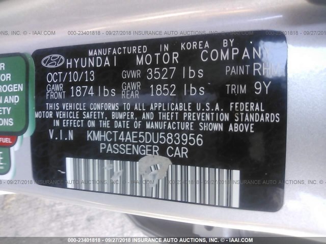 KMHCT4AE5DU583956 - 2013 HYUNDAI ACCENT GLS/GS SILVER photo 9