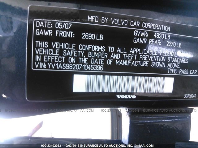 YV1AS982071045396 - 2007 VOLVO S80 3.2 BLUE photo 9