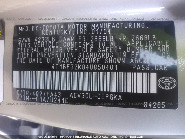 4T1BE32K84U850401 - 2004 TOYOTA CAMRY LE/XLE/SE Алтын фото 9