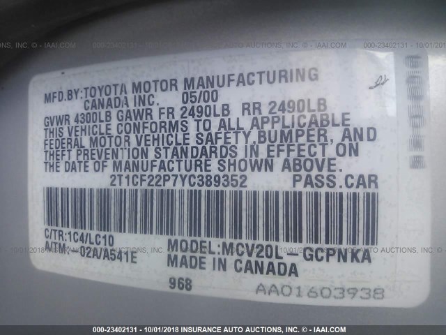 2T1CF22P7YC389352 - 2000 TOYOTA CAMRY SOLARA SE/SLE Gümüş foto 9