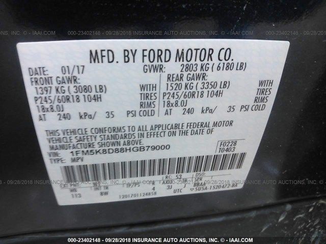 1FM5K8D88HGB79000 - 2017 FORD EXPLORER XLT BLUE photo 9