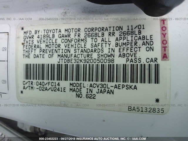 JTDBE32K920050098 - 2002 TOYOTA CAMRY LE/XLE/SE Ağ foto 9