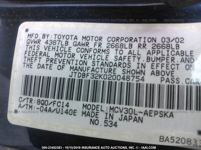 JTDBF32K020048754 - 2002 TOYOTA CAMRY LE/XLE/SE BLUE photo 9
