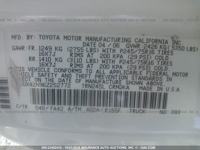 5TEUX42N96Z252772 - 2006 TOYOTA TACOMA ACCESS CAB Սպիտակ լուսանկար 9