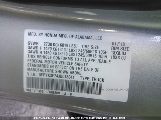 5FPYK3F74JB013041 - 2018 HONDA RIDGELINE RTL SILVER photo 9