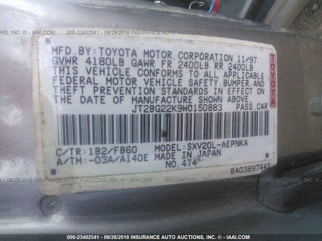 JT2BG22K9W0150883 - 1998 TOYOTA CAMRY CE/LE/XLE 金色 照片 9