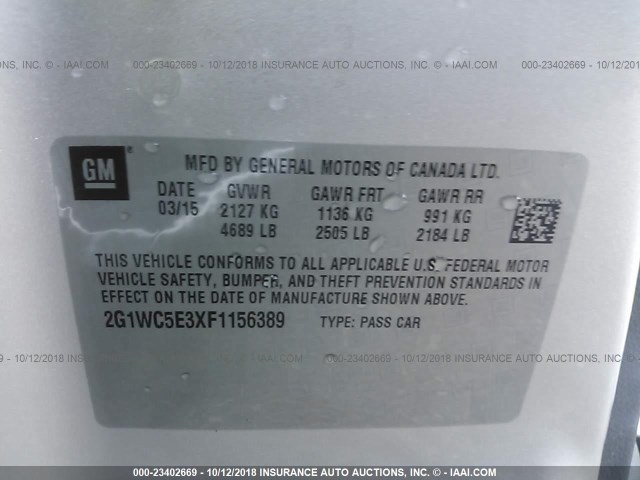 2G1WC5E3XF1156389 - 2015 CHEVROLET IMPALA LIMITED LTZ SILVER photo 9