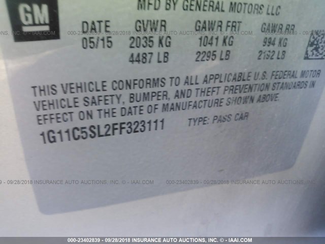 1G11C5SL2FF323111 - 2015 CHEVROLET MALIBU 1LT BEIGE photo 9