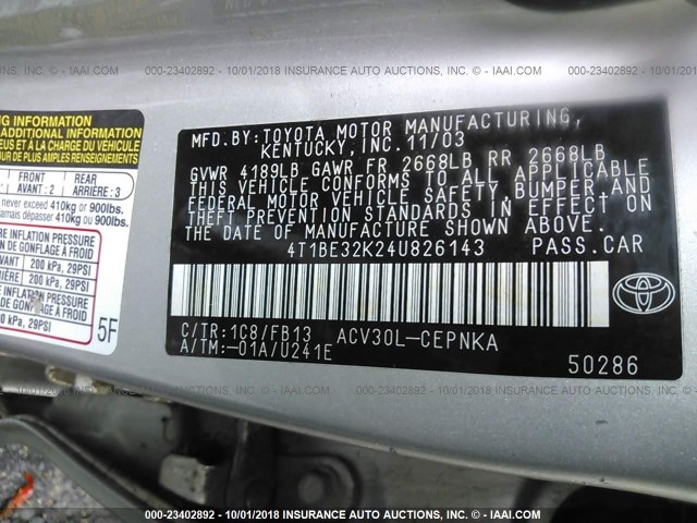 4T1BE32K24U826143 - 2004 TOYOTA CAMRY LE/XLE/SE SILVER photo 9