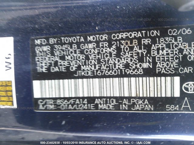 JTKDE167660119668 - 2006 TOYOTA SCION TC Dark Blue photo 9