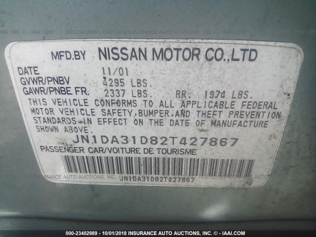 JN1DA31D82T427867 - 2002 NISSAN MAXIMA GLE/GXE/SE BLUE photo 9