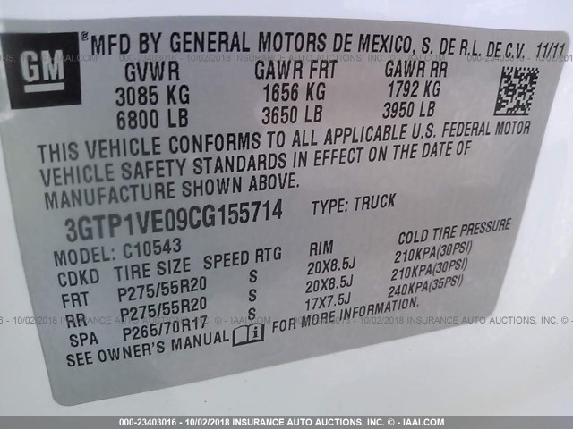 3GTP1VE09CG155714 - 2012 GMC SIERRA C1500 SLE WHITE photo 9