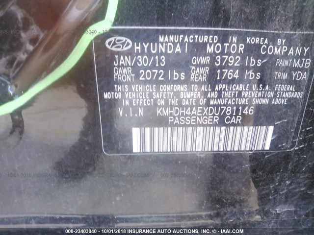 KMHDH4AEXDU781146 - 2013 HYUNDAI ELANTRA GLS/LIMITED BLACK photo 9