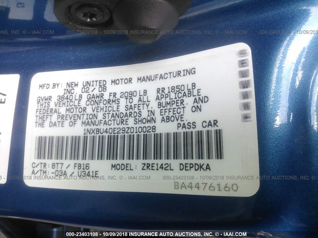 1NXBU40E29Z010028 - 2009 TOYOTA COROLLA S/LE/XLE BLUE photo 9